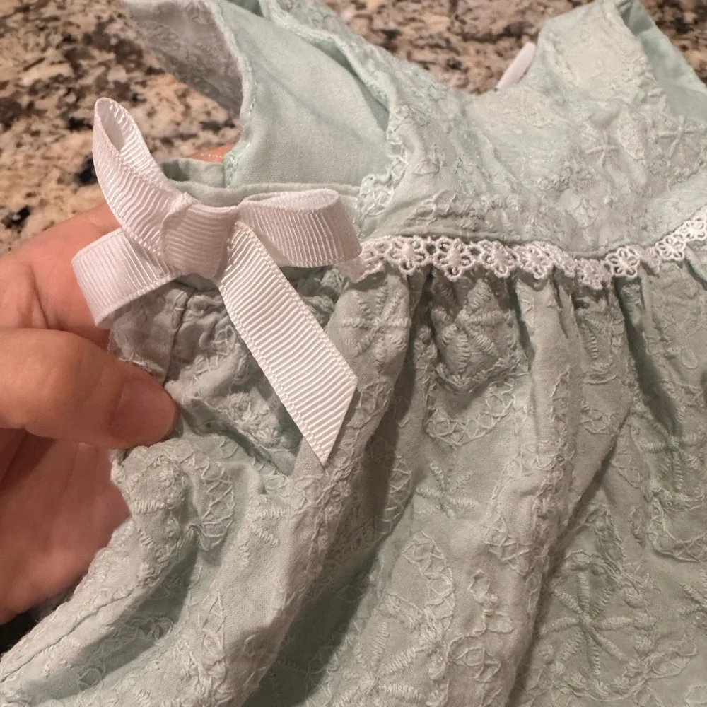 cupcakes & cashmere Mint Green Lace Trim Dress with Matching Bloomers and hat